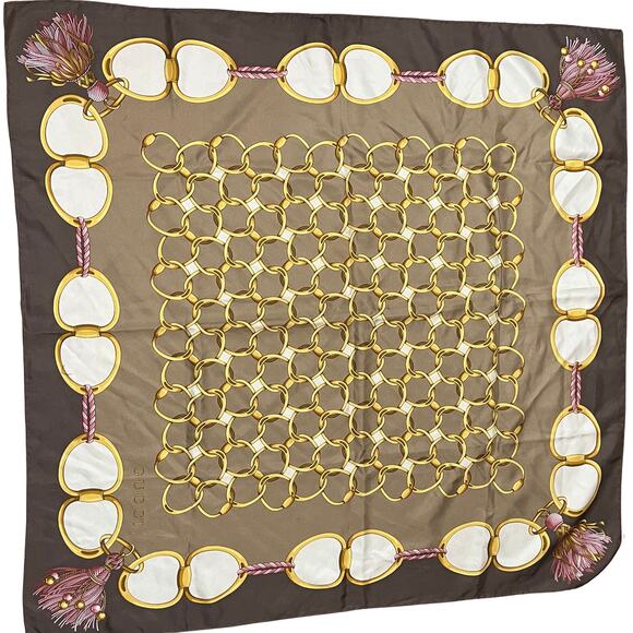 GUCCI Brown Silk Scarf with chains and tassels - Picture 1 of 3